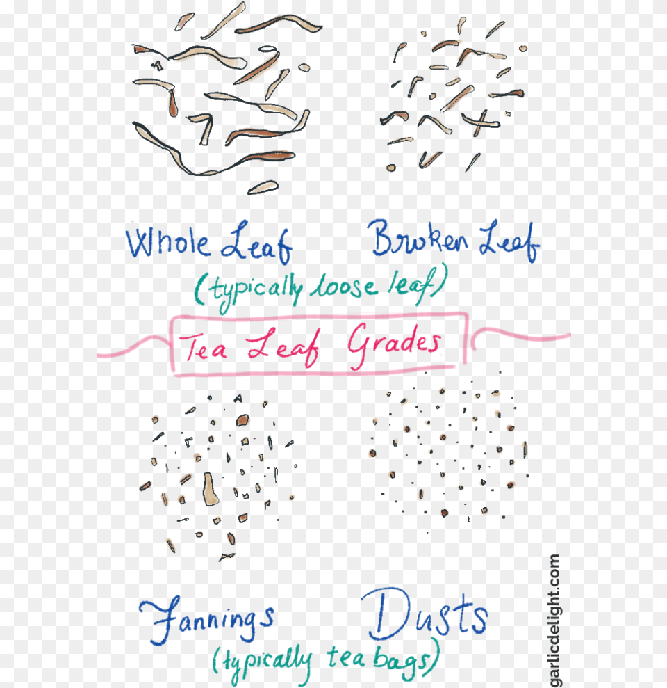 Tea Leaf Grading Comparison Chart Illustrated With Handwriting, Paper, Confetti, Text Png Image