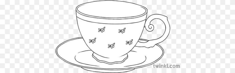 Teacup Black And White Illustration Twinkl Line Art, Cup, Saucer Png