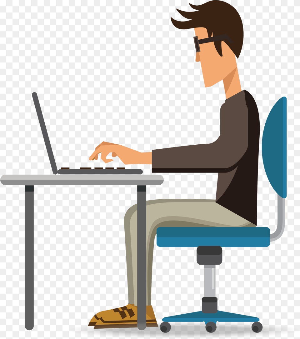 Team Man Sitting At Computer Clipart, Person, Desk, Table, Furniture Free Transparent Png