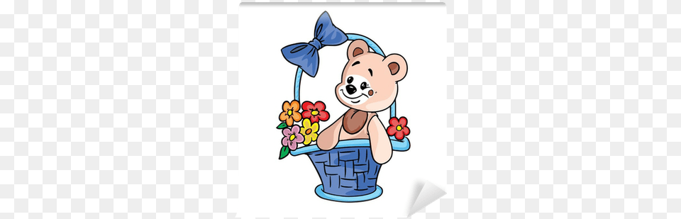 Teddy Bear With Flowers In Gift Basket Wall Mural Gift Basket, Bucket, Animal, Mammal, Wildlife Png Image