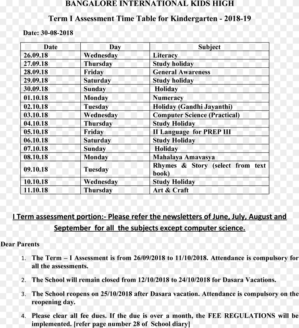 Term I Assessment Time Table Kindergarten 2018 19 Kindergarten, Gray Free Png