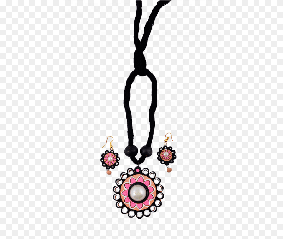 Terracotta Black Necklace With Pink Flower Pattern Locket, Accessories, Earring, Jewelry, Chandelier Png