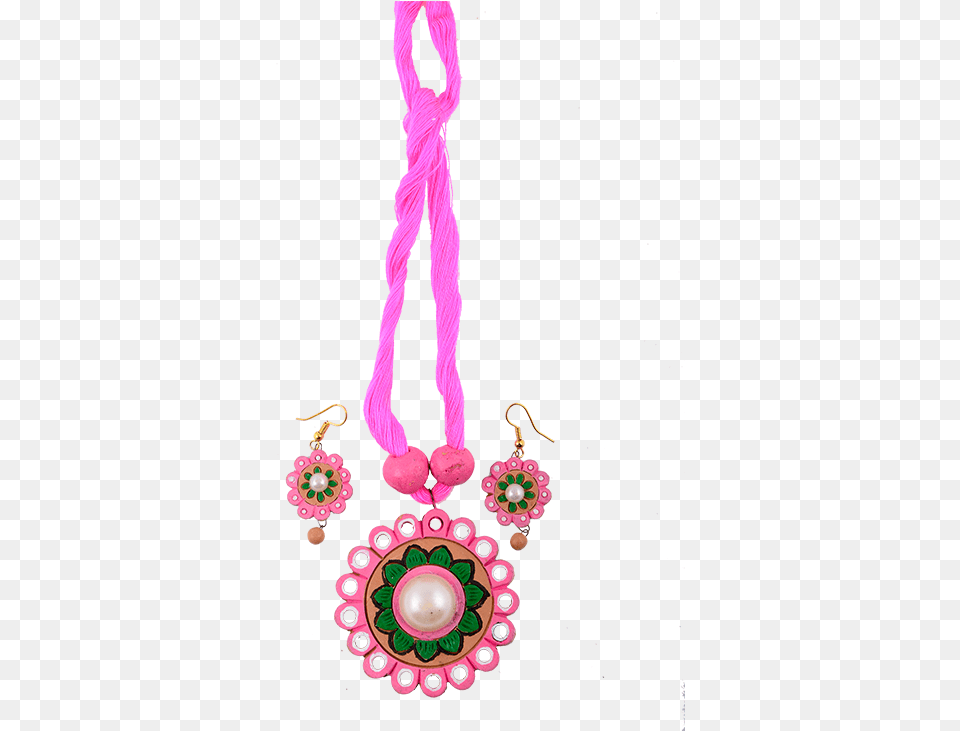 Terracotta Pink Necklace With Green Flower Pattern Chain, Accessories, Earring, Jewelry Free Transparent Png