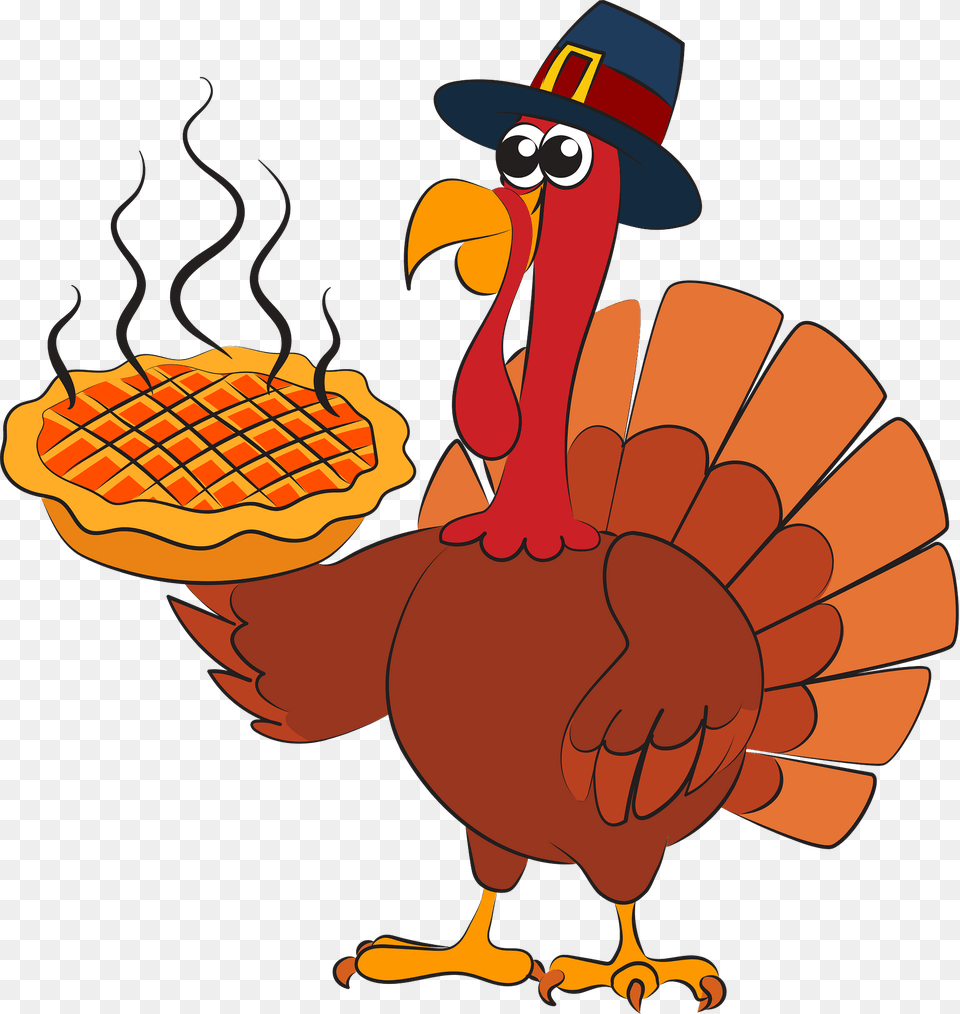 Thanksgiving Turkey In Pilgrim Hat Serving Hot Pumpkin Pie Clipart, Dynamite, Weapon, Cartoon, Animal Free Png