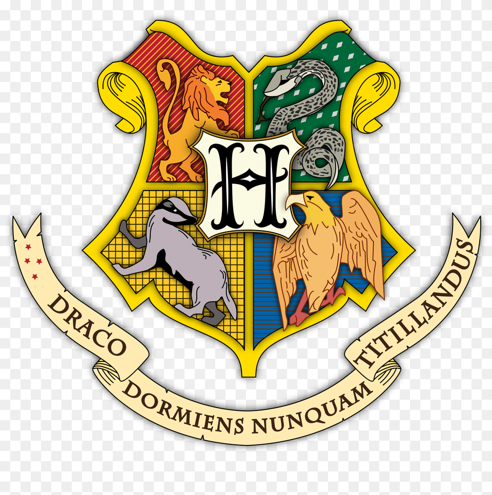 The Coat Of Arms Of Hogwarts Representing The Four Houses, Badge, Logo, Symbol, Emblem Free Png Download