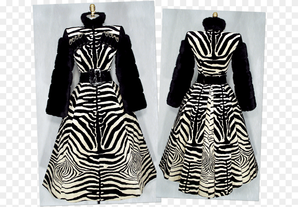 The Coatdress Is Zebra Print Velvet With Black Faux Cruella De Vil Coats, Clothing, Coat, Dress, Fashion Free Png