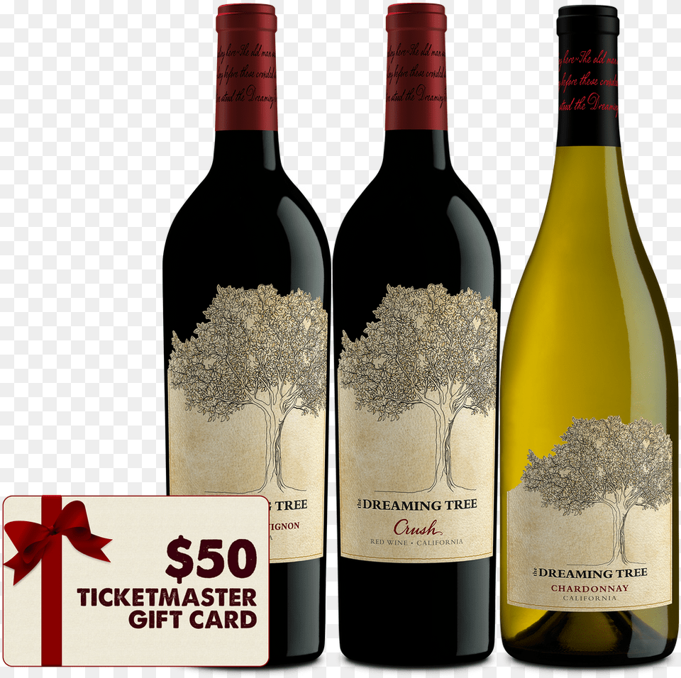 The Dreaming Tree 3 Pack 50 Ticketmaster Gift Card Dreaming Tree Red Wine, Alcohol, Beverage, Bottle, Liquor Png Image