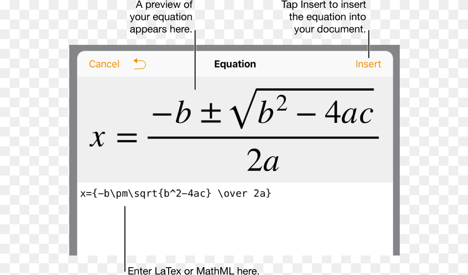 The Equation Editing Dialog Showing The Quadratic Insert Equation In Iphone, Text, Document, Mathematical Equation Free Png