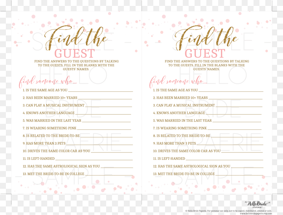 The Guest39 Bridal Shower Game Hello Bride Paperie Bridal Shower, Page, Text, Menu Png