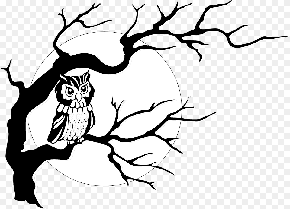 The Moon And Owl Simple Black Tree Drawing, Stencil, Person, Food, Produce Free Png Download