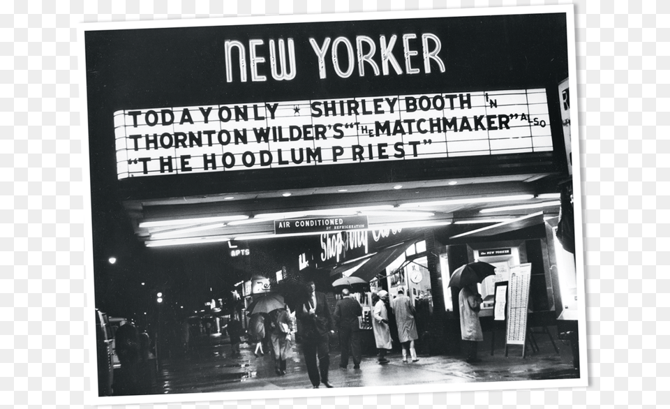 The New Yorker Theater One Of Many Repertory Houses Monochrome, Person, Terminal, Advertisement, Railway Free Png Download