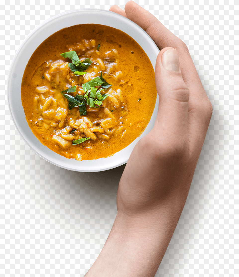 The Original Soupman Soup With Hand, Bowl, Curry, Food, Meal Png