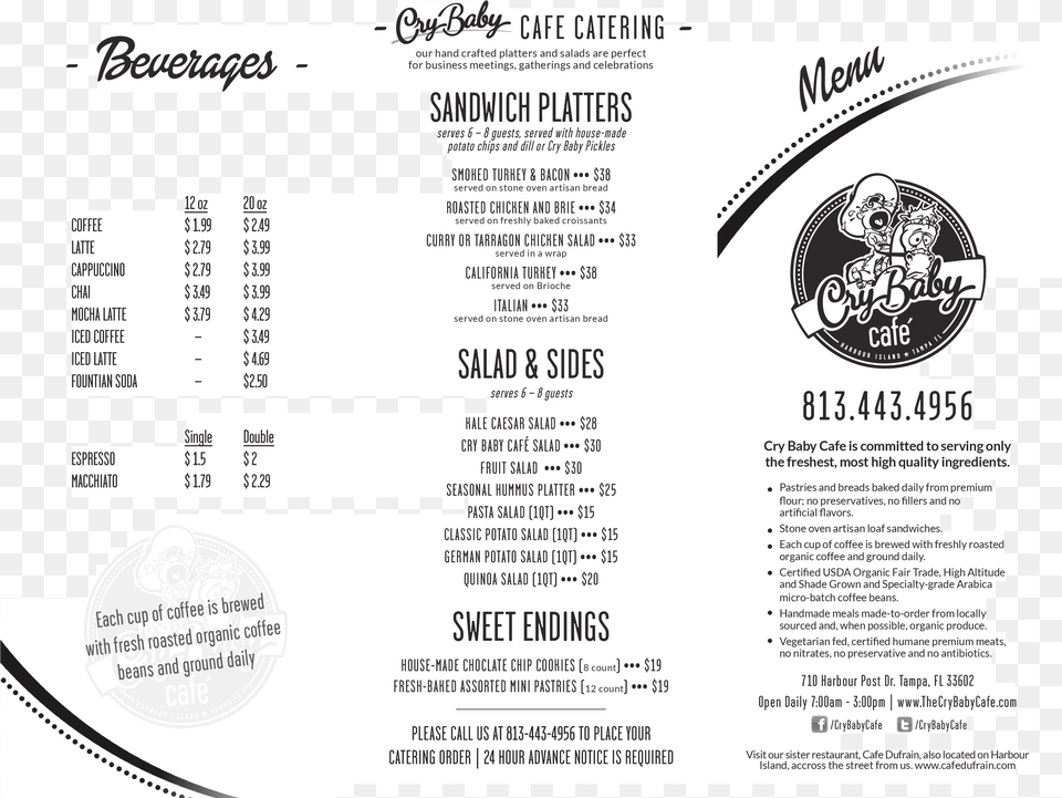 The Restaurant Information Including The Cry Baby Cafe Circle, Text, Menu, Advertisement, Poster Free Png