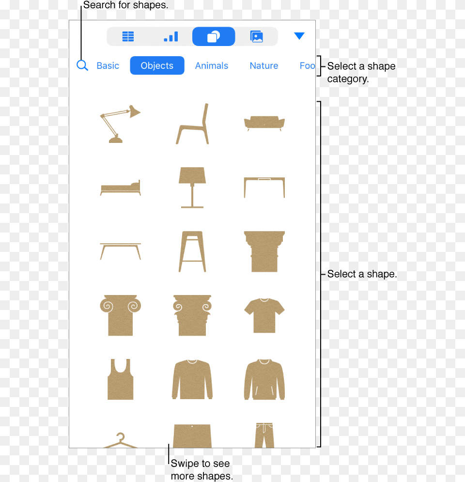 The Shapes Library With Categories At The Top And Shape, Text, Clothing, Coat, Chair Free Png Download