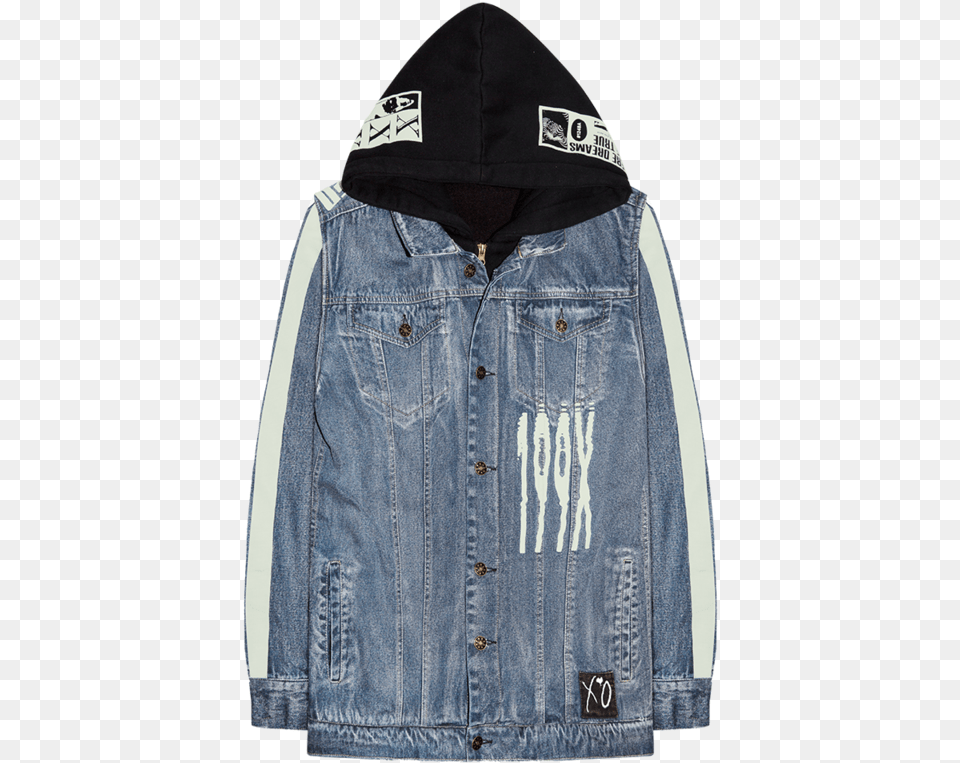 The Weeknd Celebrity Tour Merch Xo Scanners Hooded Denim Jacket Weeknd 199x Jacket, Clothing, Coat, Vest, Pants Free Png Download