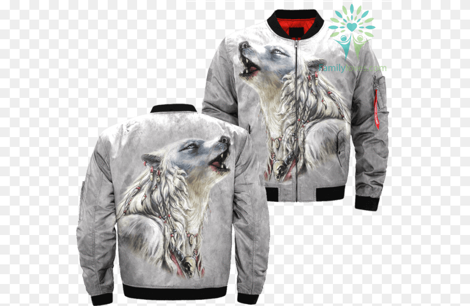 The White Wolf American Native Over Print Bomber Jacket Dream Catcher On Jacket, Clothing, Coat, Pet, Mammal Png Image