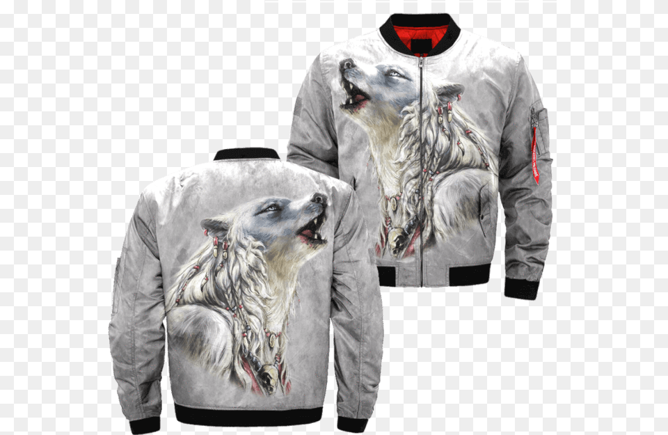 The White Wolf American Native Over Print Bomber Jacket Flight Jacket, Clothing, Coat, Pet, Mammal Free Png Download