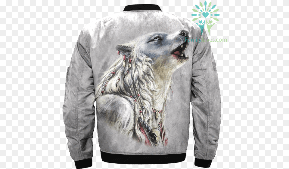 The White Wolf American Native Over Print Bomber Jacket Wolf Jacket, Clothing, Coat, Animal, Canine Png Image