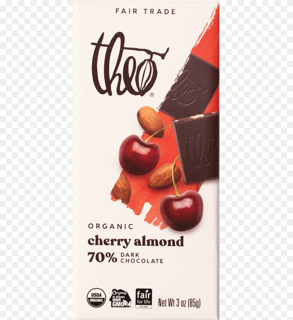 Theo Cherry Almond 70 Dark Chocolate Bar 3 Oz Theo Chocolate, Advertisement, Apple, Food, Fruit Free Png Download