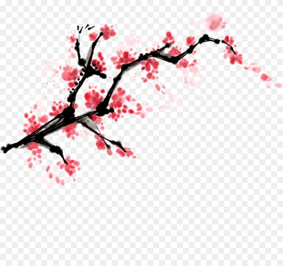 This Graphics Is Painted Ink Peach Blossom Branch Element Cherry Blossom Branch Painting, Flower, Plant, Cherry Blossom, Food Free Png
