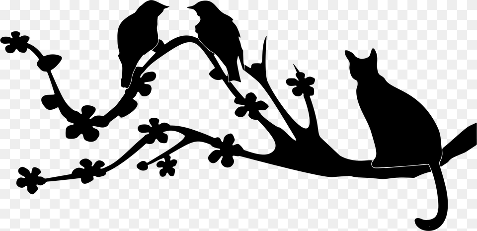 This Icons Design Of Cat And Birds On Branch, Gray Free Transparent Png