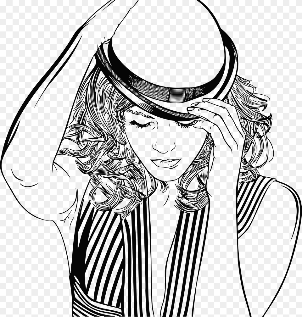 This Icons Design Of Woman Adjusting Hat Line, Person, Art, Drawing Free Transparent Png