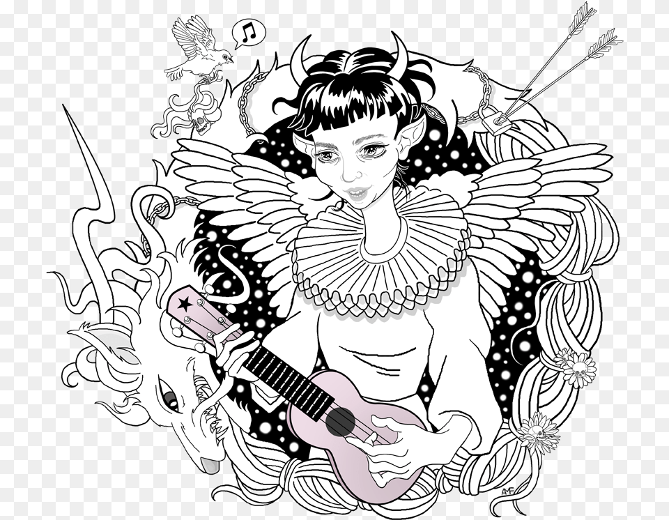 This Little Drawing Inspired By Grimes And Miyazakis Claire Boucher Grimes Drawing, Musical Instrument, Guitar, Adult, Wedding Png Image