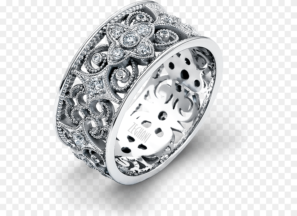 This Lovely 14k White Gold Scroll Pattern Band Is Adorned Titanium Ring, Accessories, Jewelry, Silver, Diamond Free Png