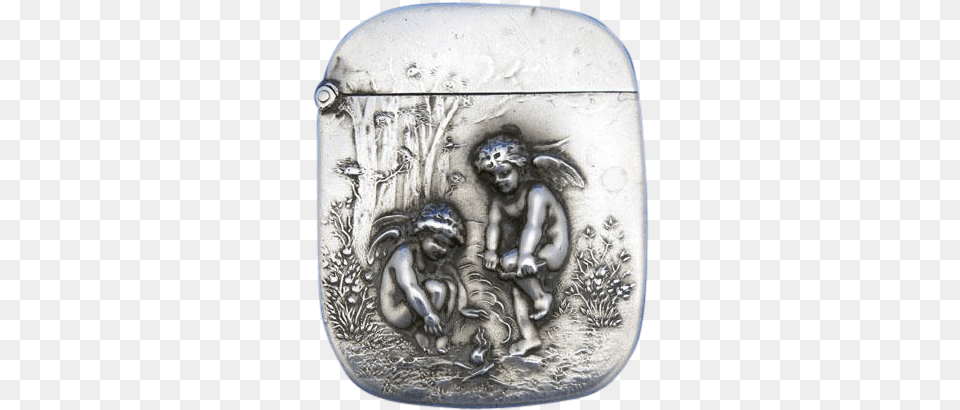 This Match Safe Features Two Cherubs By A Campfire Relief, Silver, Child, Female, Girl Png Image