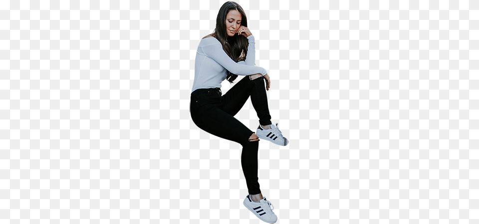 This Tall Model Is Resting Her Head In Her Hand While Sitting, Clothing, Sneaker, Footwear, Pants Free Png Download