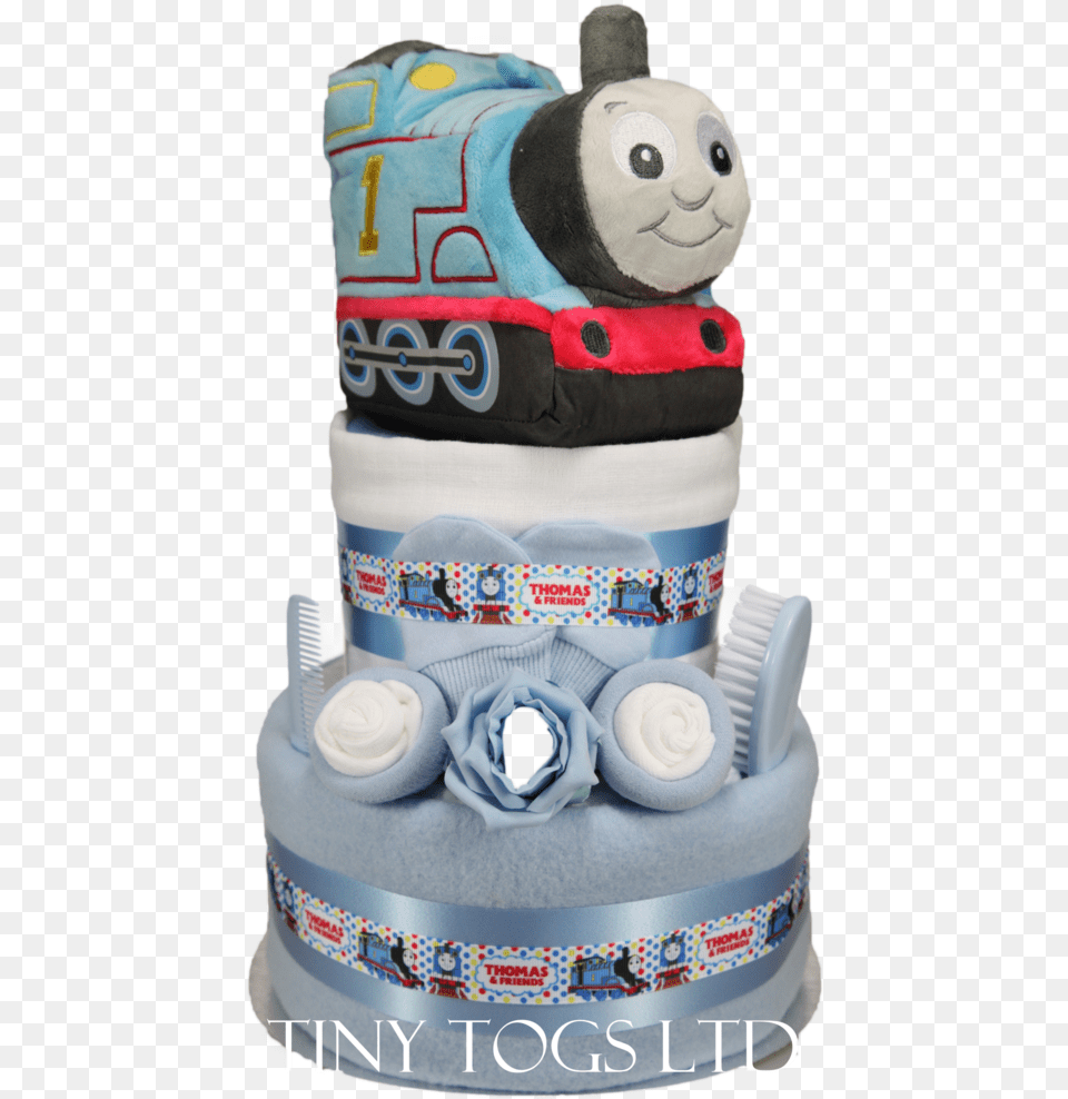 Thomas The Tank Engine 2 Tier Baby Boy Nappy Cake With Thomas And Friends, Birthday Cake, Cream, Dessert, Food Free Png