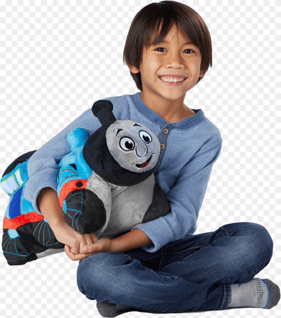 Thomas The Tank Engine Pillow Pet With Boy Sitting, Toy, Pants, Photography, Head Png Image