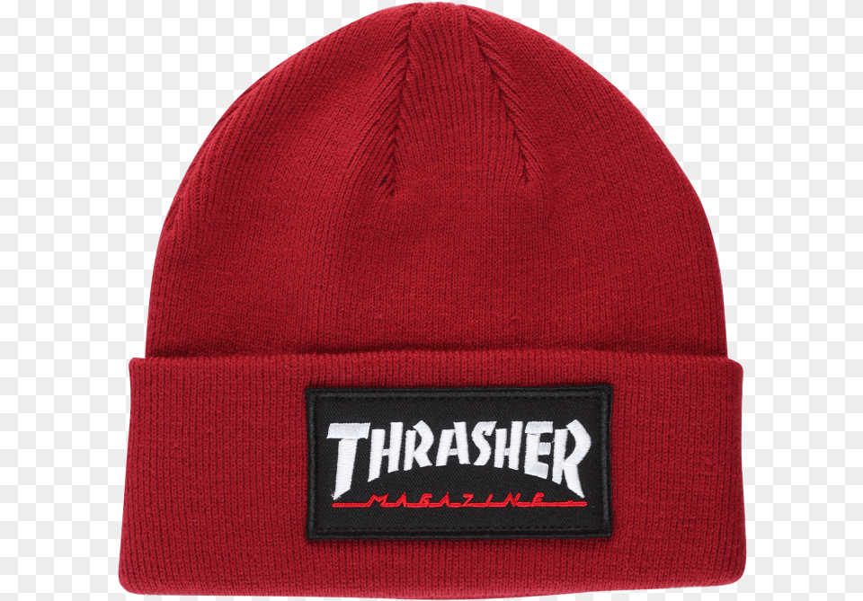 Thrasher Logo Patch Beanie Maroon Knit Cap, Clothing, Hat Png Image