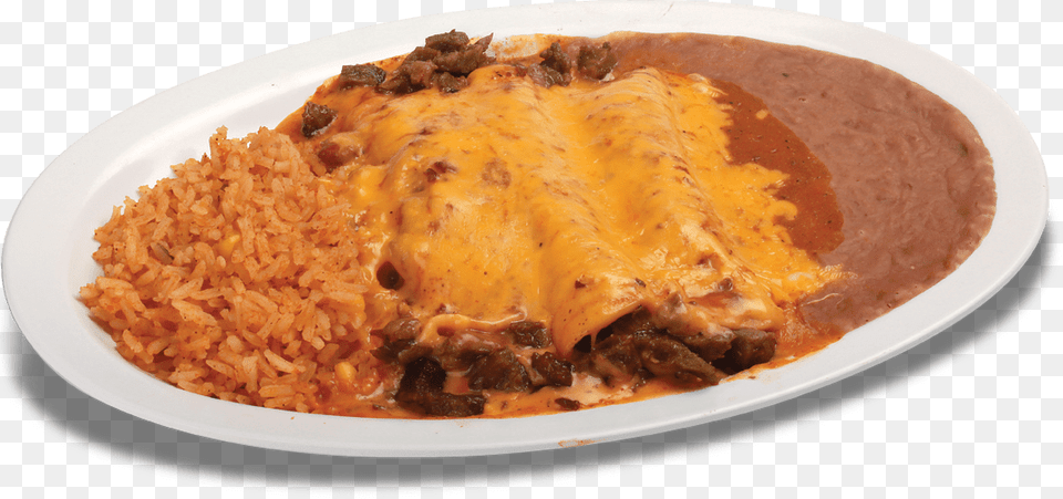 Three Beef Chicken Or Cheese Enchiladas Topped With Enchilada, Food, Plate, Meal, Dish Free Transparent Png