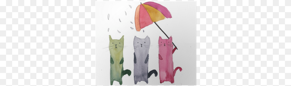 Three Cats In The Rain Watercolor Illustration Poster Umbrella, Applique, Pattern, Animal, Cat Png