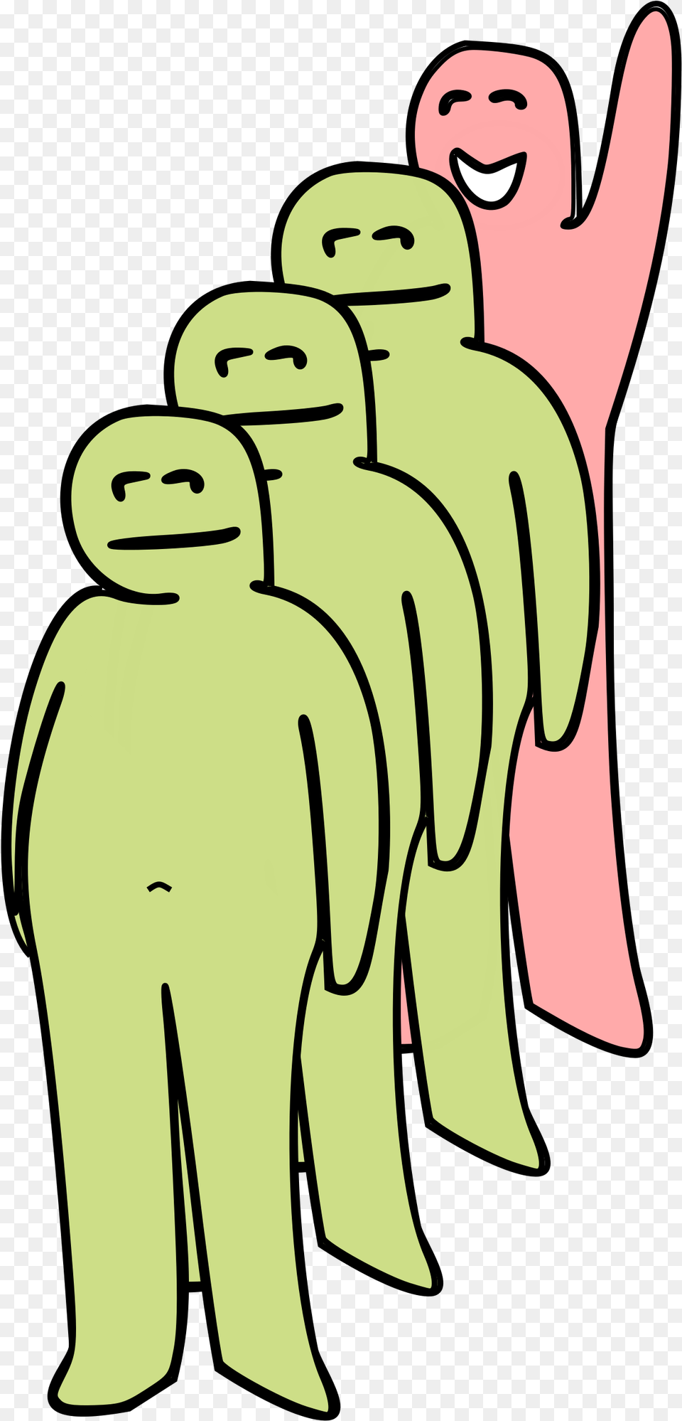 Three Green Smiling Human Figures Standing In A Line Standing Around, People, Person Png Image