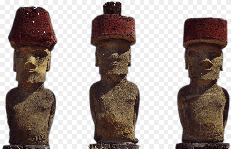 Three Moai Statues With Red Hats, Archaeology, Symbol, Emblem, Adult Free Png Download