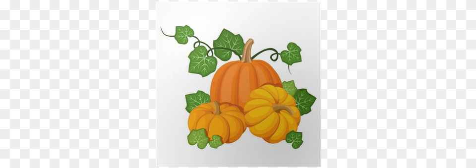 Three Orange Pumpkins Pumpkin With Leaves Clipart, Food, Plant, Produce, Vegetable Png Image