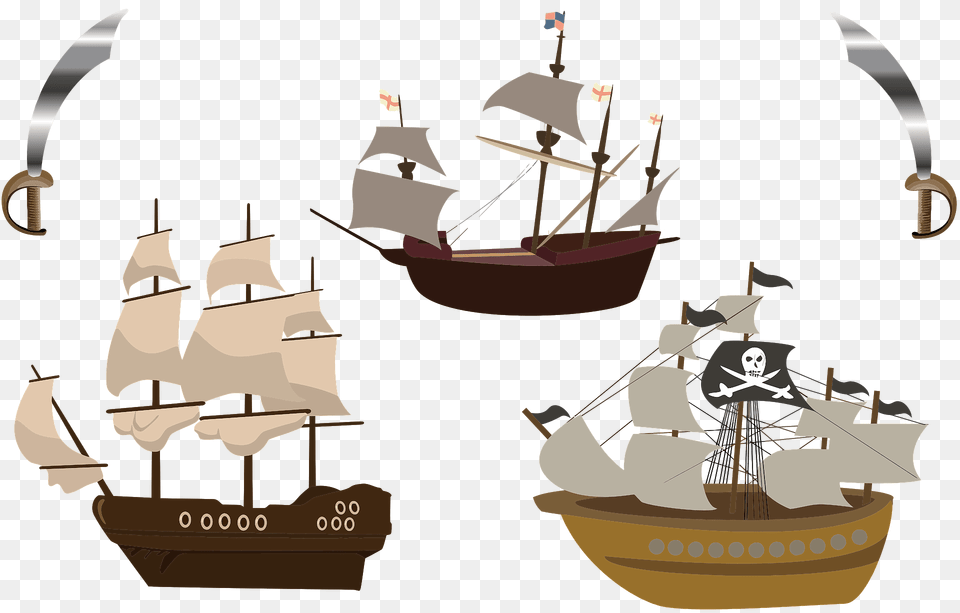 Three Pirate Ships Clipart, Boat, Sailboat, Transportation, Vehicle Png Image