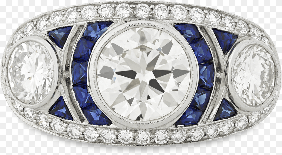 Three Stone Diamond And Sapphire Art Deco Style Ring Engagement Ring, Accessories, Gemstone, Jewelry Png Image