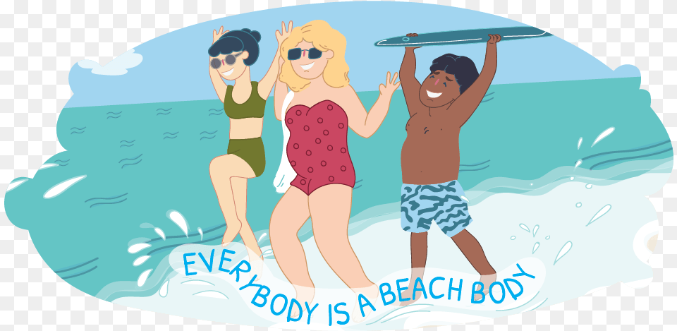 Three Young People At The Beach With Different Body Body Poster Young People, Clothing, Shorts, Water Sports, Water Png Image