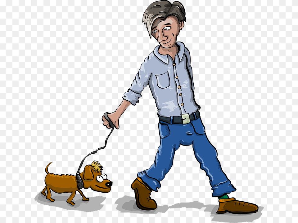 Thumb Cartoon Dog Being Walked Sad, Book, Person, Pants, Male Png Image
