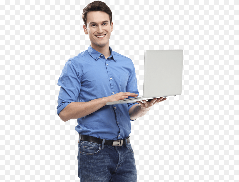 Thumb Image Man With Computer, Clothing, Electronics, Shirt, Pc Free Png