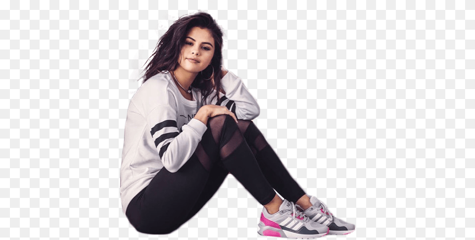 Thumb Selena Gomez Sitting, Clothing, Sneaker, Footwear, Shoe Png Image