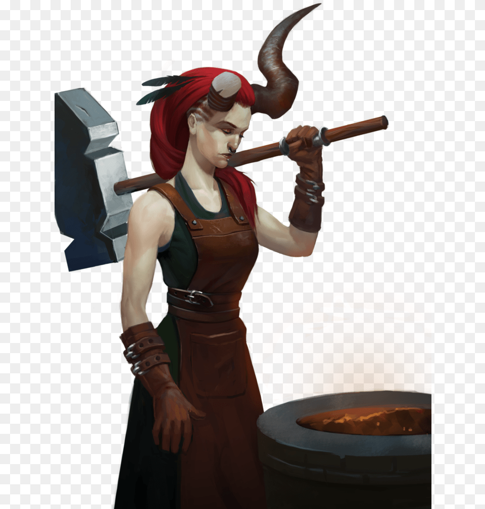 Tiefling Redhair Demon Blacksmith Hammer Horns Dampd Tiefling, Adult, Clothing, Costume, Female Free Transparent Png