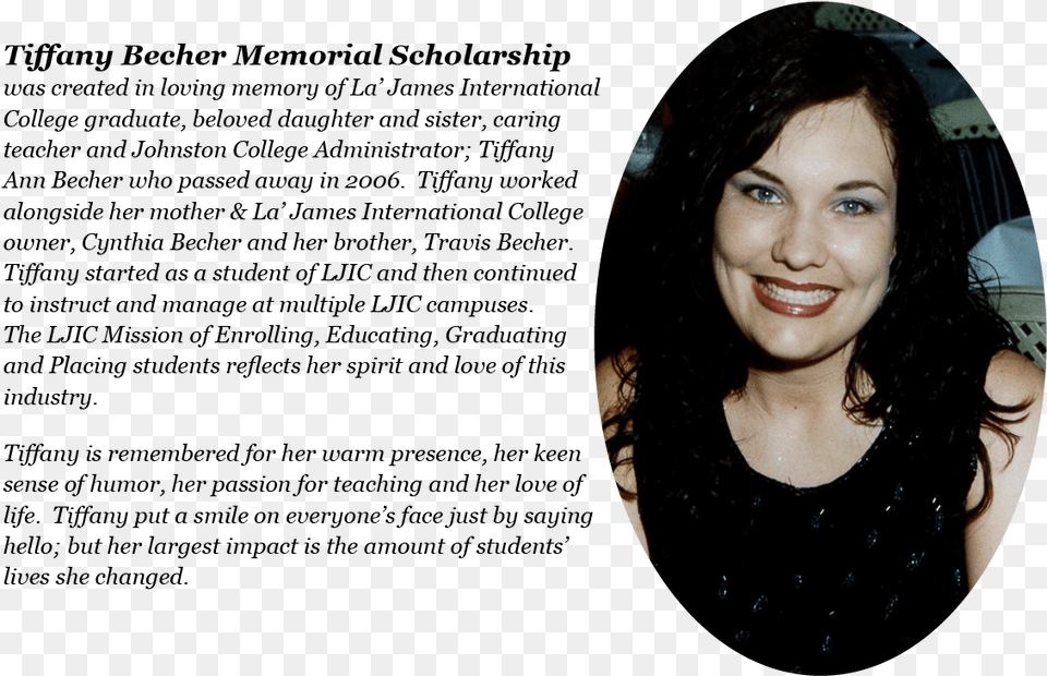 Tiffany Becher Memorial Scholarship Application Scholarship, Adult, Smile, Portrait, Photography Free Transparent Png