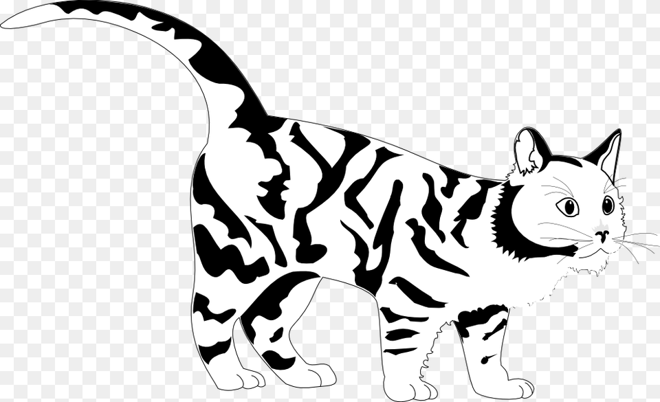 Tiger Cat Black White Line Art Coloring Sheet Colouring Black And White Cat Coloring Pages, Stencil, Animal, Mammal, Pet Free Png