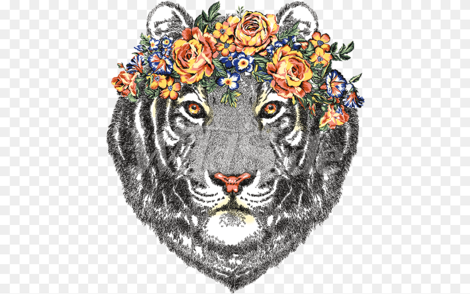 Tiger Head With Flowers Illustration, Pattern, Art, Graphics, Floral Design Free Png Download