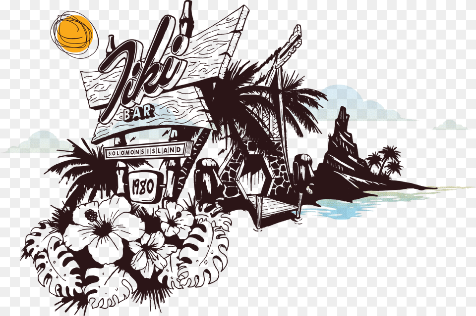Tiki Man Drawing Black And White Tiki Hut Clipart, Outdoors, Land, Nature, Water Free Png Download
