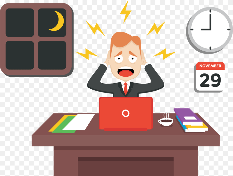 Time Clipart Job Stress Cartoon, Baby, Person, Furniture, Table Free Png